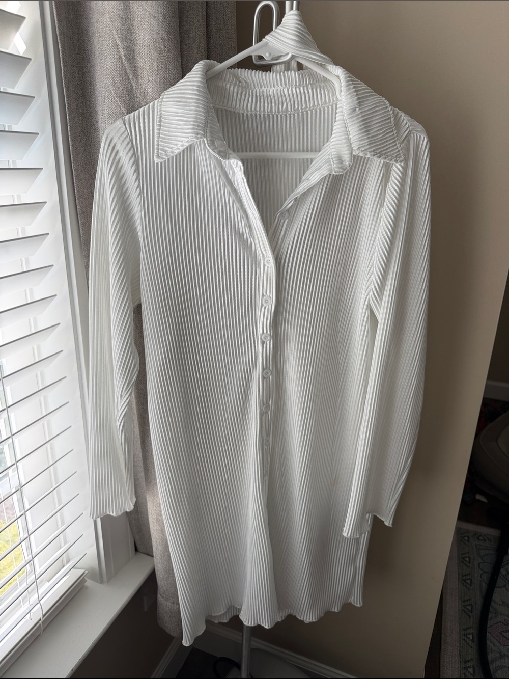 Amazon White Ribbed Long-Sleeve Button Front Dress with belt